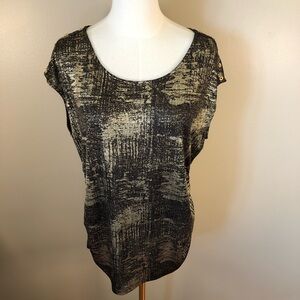 Calvin Klein Gold & Black Graphic Cap Sleeve Blouse with Side Ruche Size XL